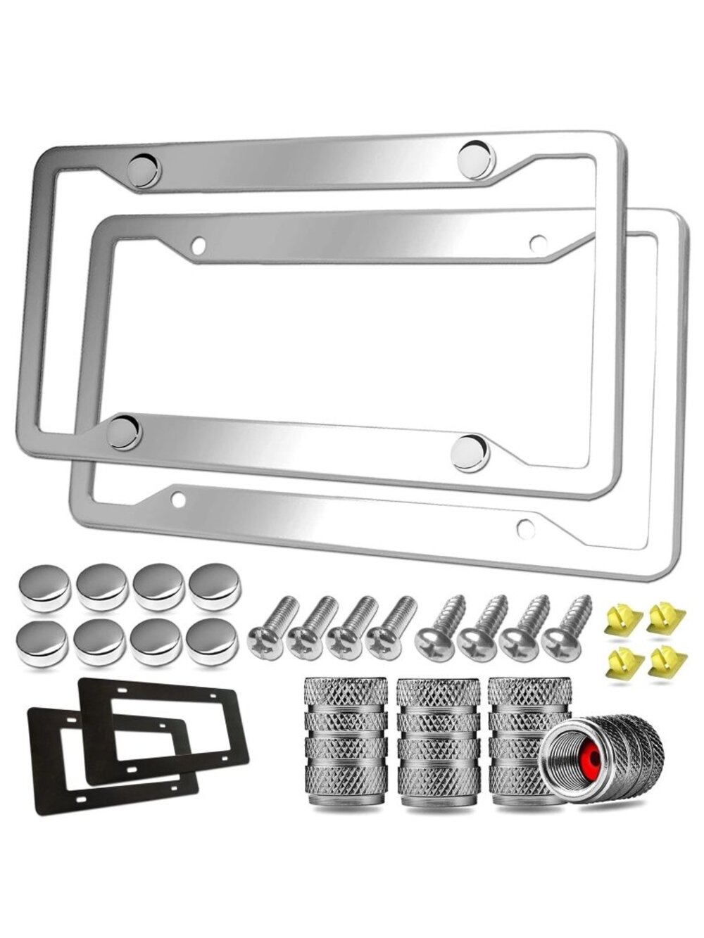 Stainless Steel License Plate Frames Mirror Polished Holder W/ Screws Caps 2PK